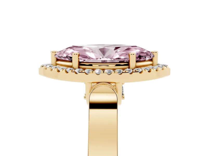 Fancy Pink Marquise Cut Diamond Halo Ring Set in Yellow gold with Pavé-Lined Split Shank Band