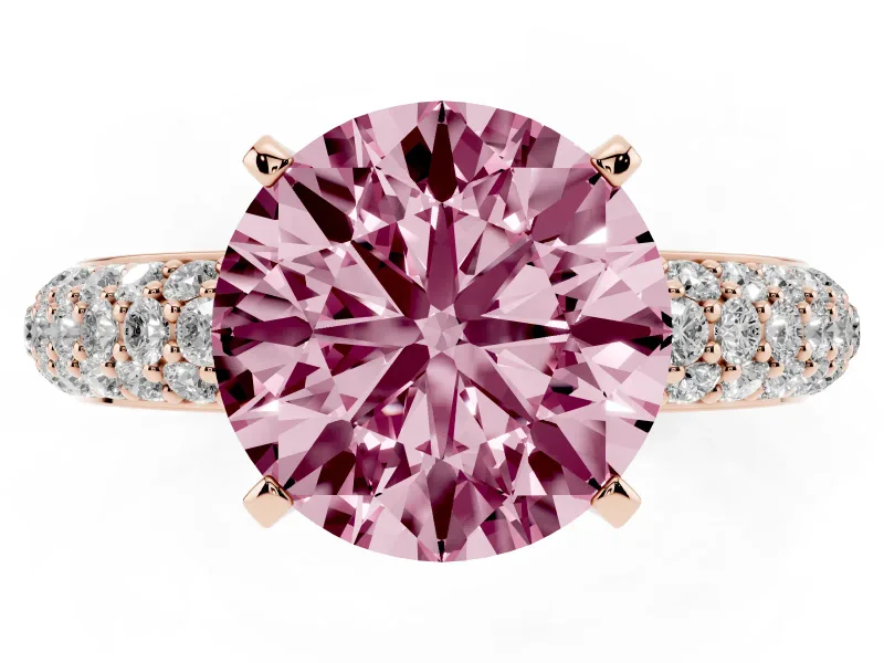 Fancy Pink Round Cut Diamond Solitaire Ring Set in Rose gold with Prong Setting and Pavé-Set Band