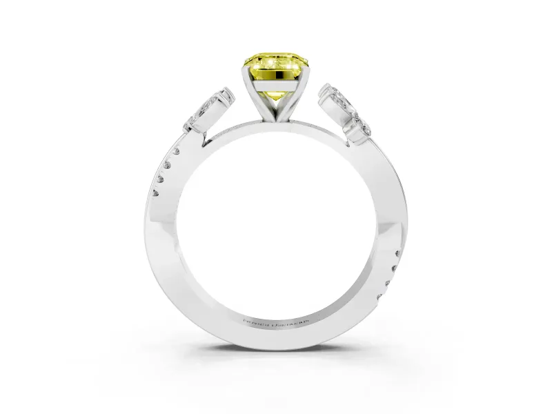 Fancy Yellow Emerald Cut Diamond Floral Vine Solitaire Engagement Ring Set in White gold with Marquise Leaves