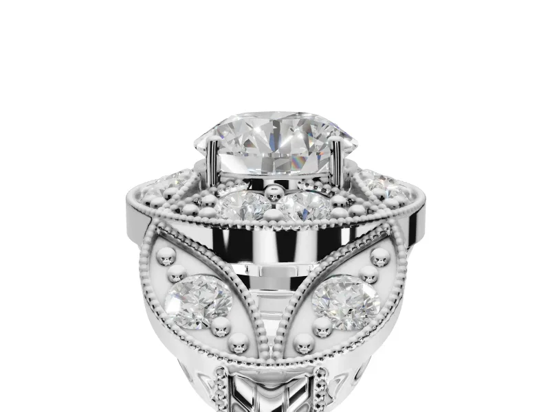 Round Vintage Floral Halo Engagement Ring Setting | Engraved Milgrain Band | Platinum