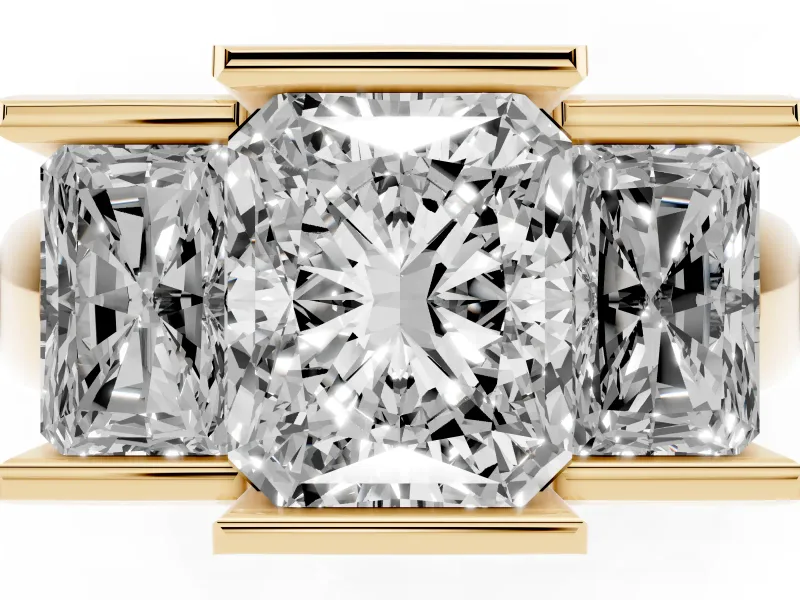 Radiant Cut Channel-Set Three Stone Engagement Ring Setting | Wide Flat Band | Yellow Gold
