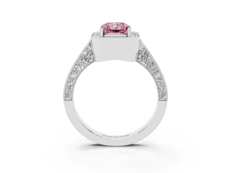 Radiant Cut Milgrain Halo Engagement Ring Setting for a Fancy Pink Lab-Grown Diamond | Side Stones | White Gold