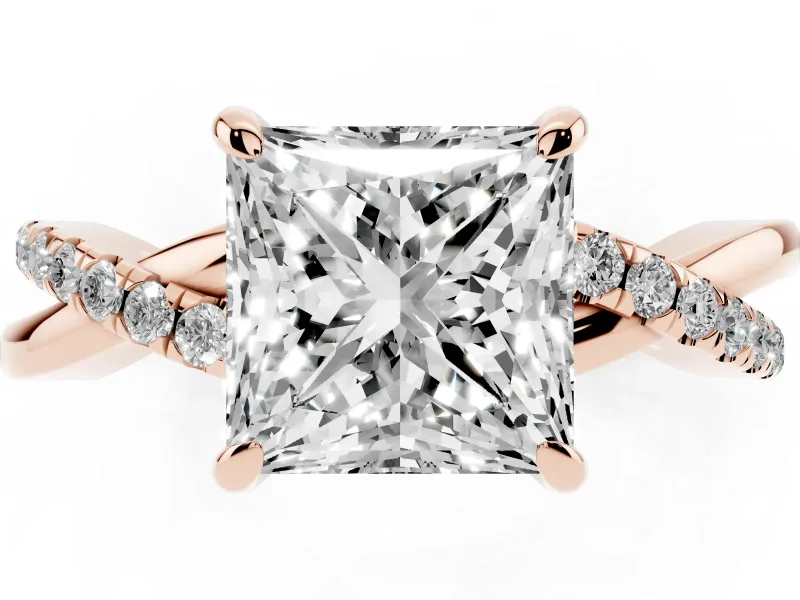 Princess Cut Diamond Twist Band Solitaire Set in Rose gold with Pavé Accents and Prong Setting