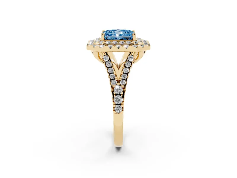 Radiant Cut Halo Split Shank Engagement Ring Setting for a Fancy Blue Lab-Grown Diamond | Pavé Strands | Yellow Gold