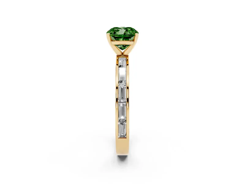 Fancy Green Cushion Cut Diamond Solitaire Ring Set in Yellow gold with Channel-Set Baguette Band and Prong Setting