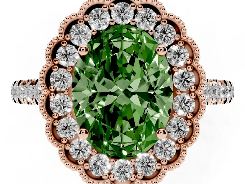 Fancy Green Oval Cut Diamond Milgrain Floral Halo Engagement Ring Set in Rose gold with Pavé Band