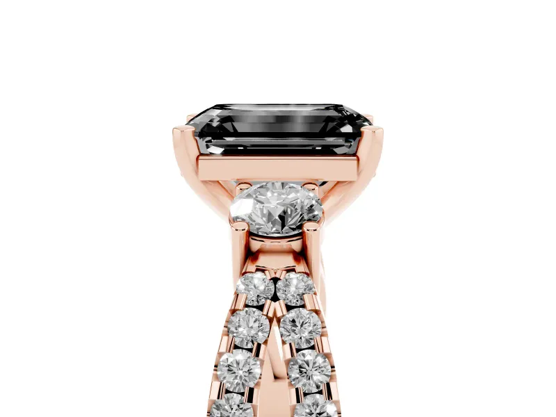 Fancy Black Emerald Cut Diamond Three-Stone Ring Set in Rose gold with Pavé Split Shank and Prong Setting