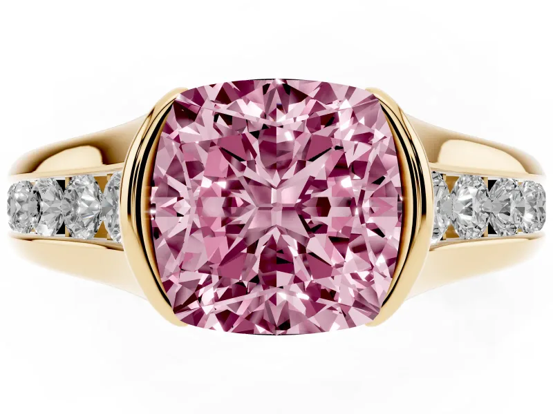 Cushion Cut Half Bezel Engagement Ring Setting for a Fancy Pink Lab-Grown Diamond | Yellow Gold
