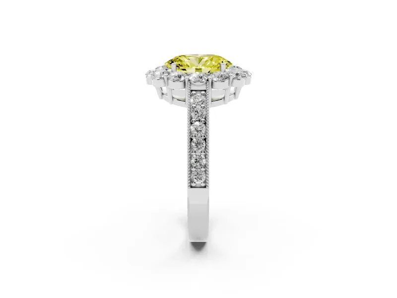 Oval Vintage Halo Engagement Ring Setting for a Fancy Yellow Lab-Grown Diamond | Milgrain Channel Band | Sterling Silver