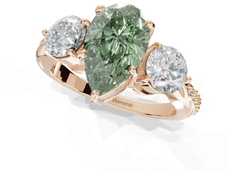 Pear-Shaped Three Stone Engagement Ring Setting for a Fancy Green Lab-Grown Diamond | Tapered Pave Band | Rose Gold