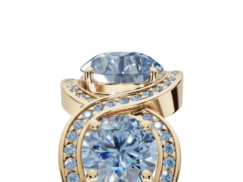 Round Three Stone Halo Engagement Ring Setting for a Fancy Blue Lab-Grown Diamond | Pavé Wave Band | Yellow Gold