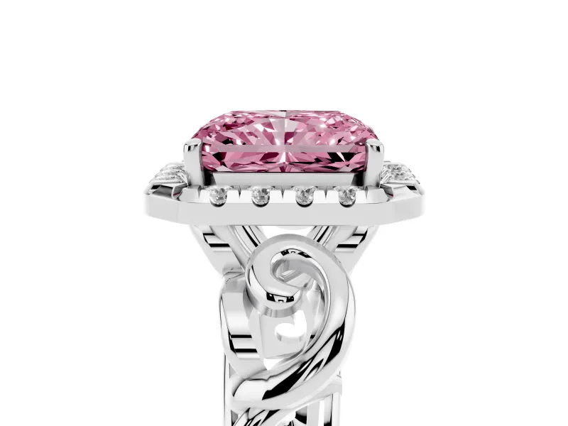 Fancy Pink Radiant Cut Diamond Halo Ring Set in White gold with Scrollwork Band and Prong Setting