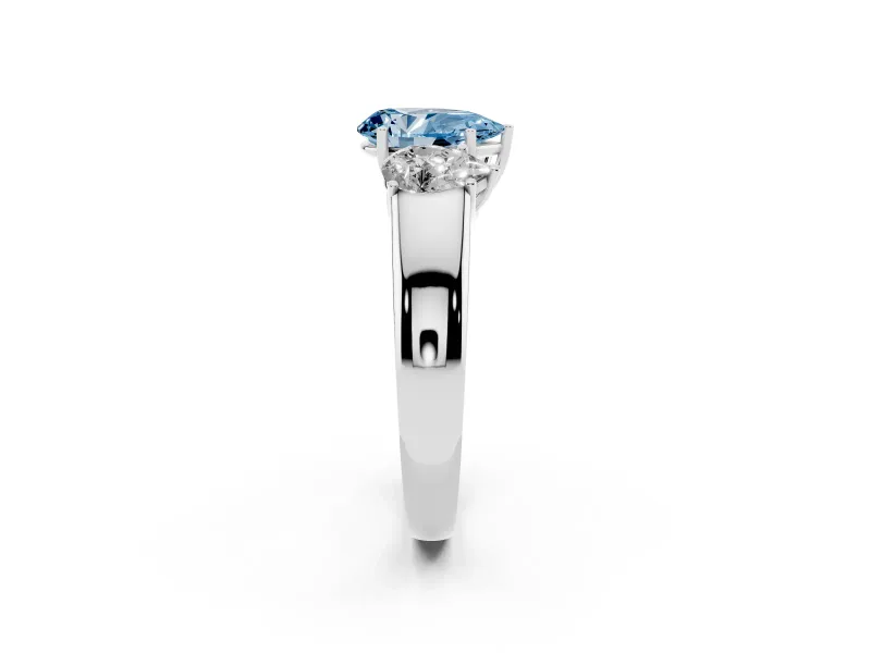 Fancy Blue Three-Stone Pear Cut Diamond Ring Set in Silver with Matching Prong Settings and Plain Band