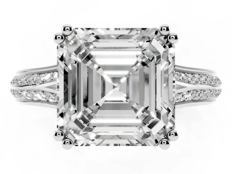 Asscher Cut Pave Split Shank Engagement Ring Setting | Double Claw Prongs | White Gold