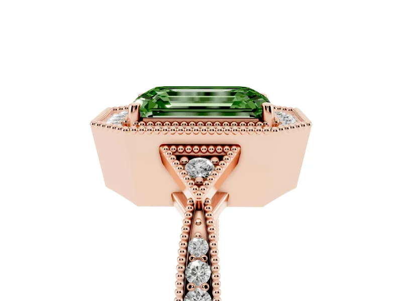 Emerald Cut Milgrain Halo Engagement Ring Setting for a Fancy Green Lab-Grown Diamond | Graduated Pavé | Rose Gold