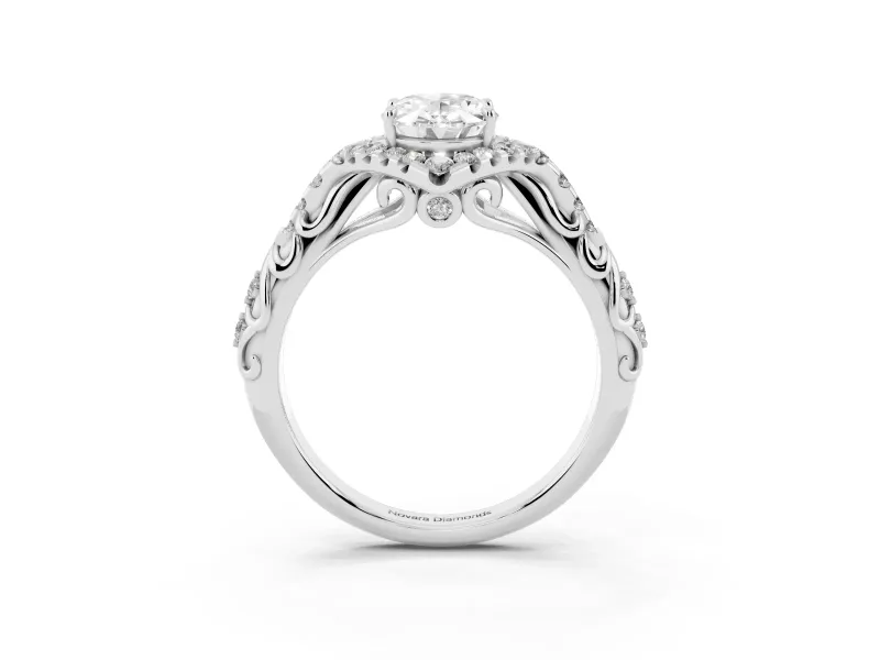 Oval Hidden Halo Filigree Engagement Ring Setting | Pavé Shoulders | White Gold