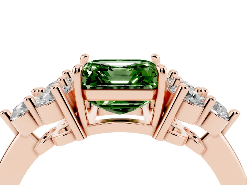 Fancy Green Asscher Cut Diamond Solitaire Ring Set in Rose gold with Cluster Accents on Each Side