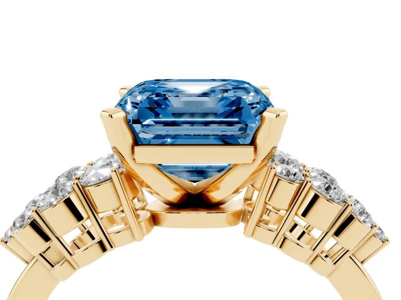 Fancy Blue Asscher Cut Diamond Cluster Engagement Ring Set in Yellow gold with Pavé Band and Prong Setting