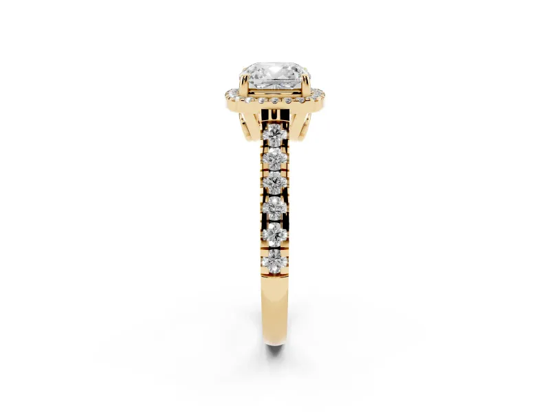 Cushion Cut Halo Engagement Ring Setting | Shared Prong Shoulders | Yellow Gold