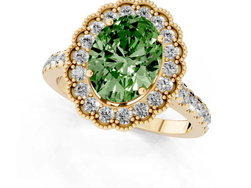 Fancy Green Oval Cut Diamond Milgrain Floral Halo Engagement Ring Set in Yellow gold with Pavé Band