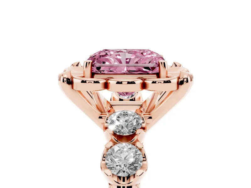 Fancy Pink Radiant Cut Diamond Floral Halo Ring Set in Rose gold with Shared Prong Band