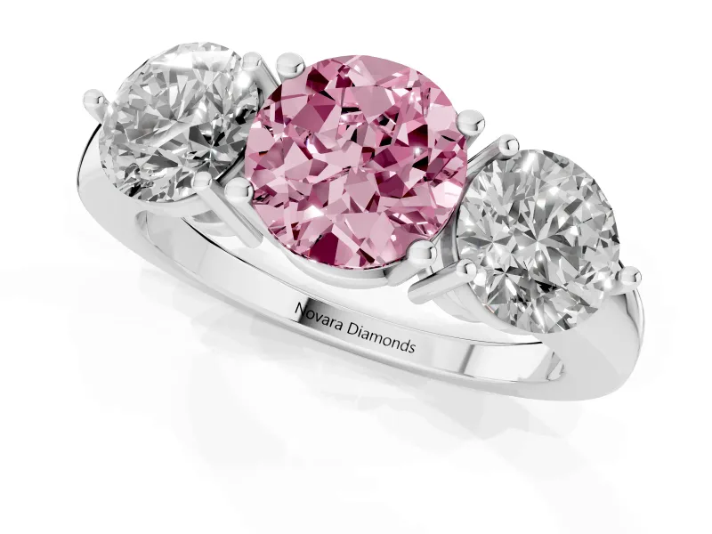 Round Three Stone Engagement Ring Setting for a Fancy Pink Lab-Grown Diamond | Large Round Side Stones | Platinum