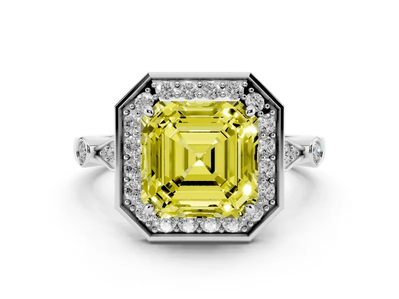 Fancy Yellow Asscher Cut Diamond Halo Engagement Ring Set in Platinum with Twisted Band and Prong Setting
