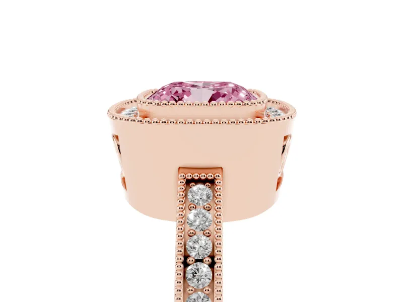 Fancy Pink Cushion Cut Diamond Halo Ring Set in Rose gold with Pavé Band and Milgrain-Edged Prongs