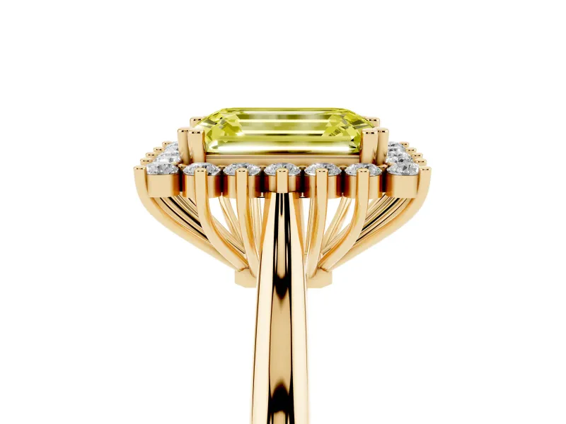 Fancy Yellow Emerald Cut Diamond Halo Ring Set in Yellow gold with Plain Solitaire Band and Prong Setting