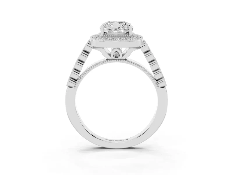 Cushion Cut Milgrain Halo Engagement Ring Setting | Graduated Bezel Accents | White Gold