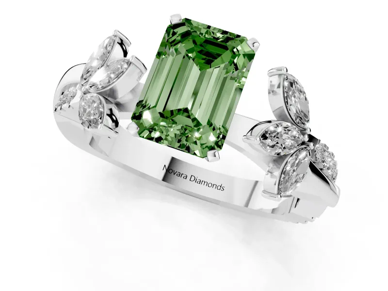 Fancy Green Emerald Cut Diamond Floral Vine Solitaire Engagement Ring Set in White gold with Marquise Leaves