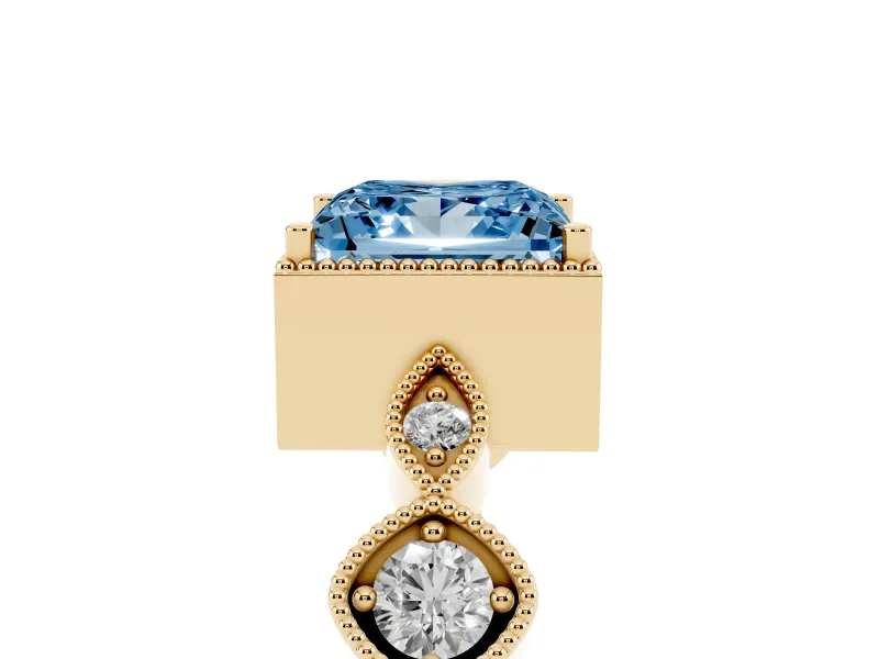 Fancy Blue Princess Cut Diamond Vintage-Inspired Milgrain Ring Set in Yellow gold with Marquise Stations of Round Accents