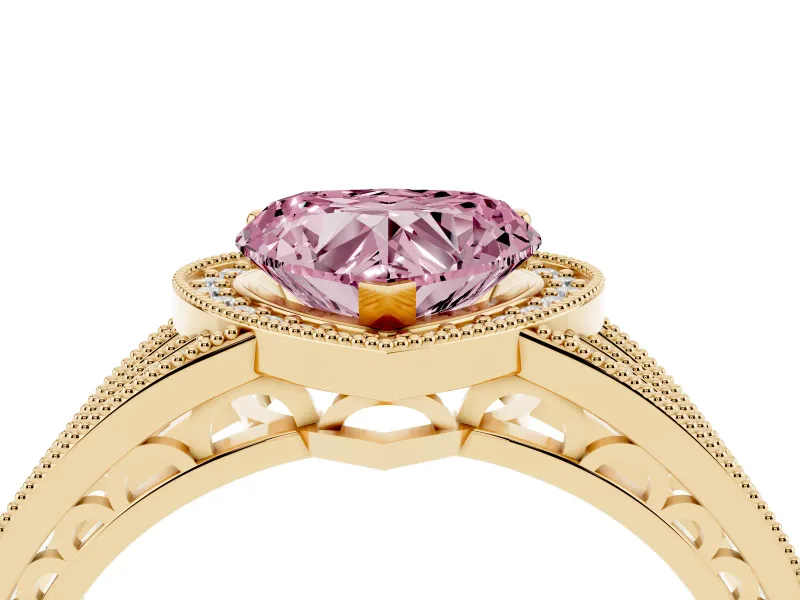 Fancy Pink Heart Cut Diamond Halo Ring Set in Yellow gold with Accent Split Shank and Prong Setting