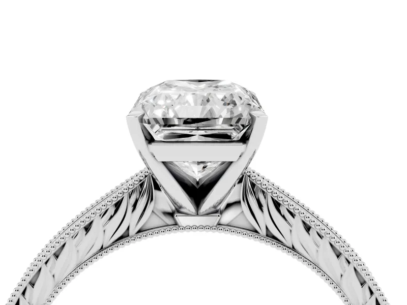 Radiant Cut Diamond Solitaire Milgrain Engraved Band Set in Platinum with Prong Setting