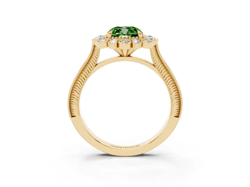 Fancy Green Cushion Cut Diamond Halo Milgrain Pavé Ring Set in Yellow gold with Prong Setting