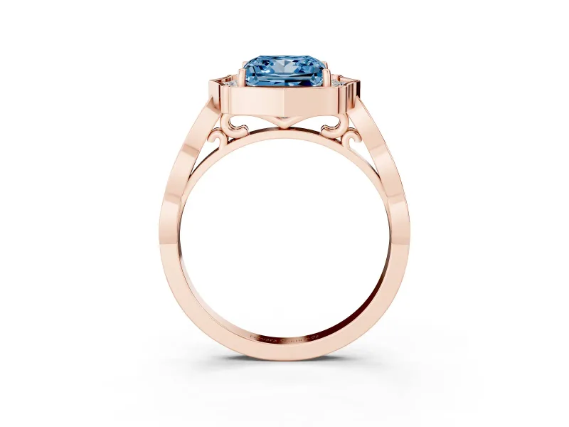 Princess Cut Vintage Scalloped Halo Engagement Ring Setting for a Fancy Blue Lab-Grown Diamond | Pave Band | Rose Gold