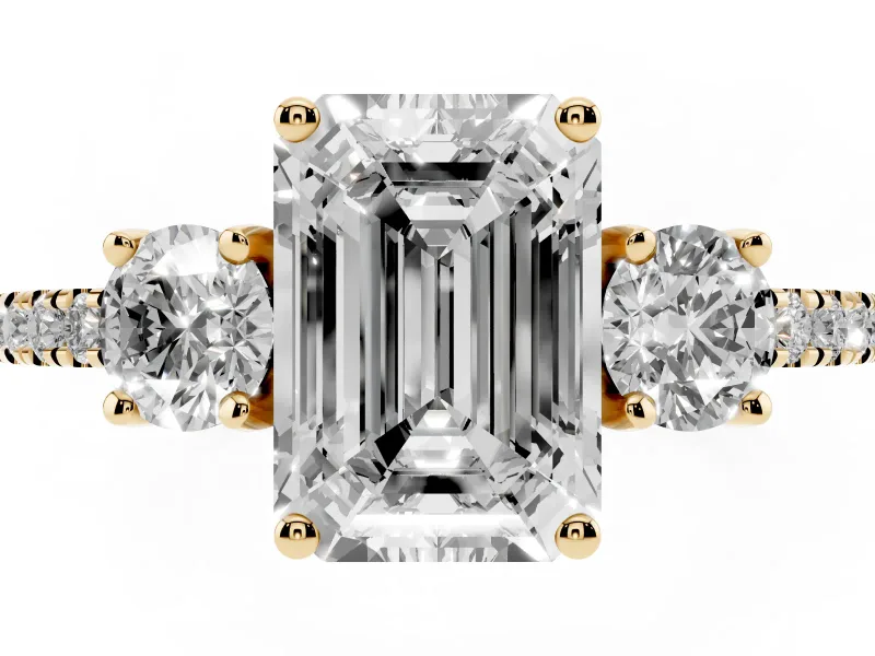 Emerald Cut Three Stone Engagement Ring Setting | Pave Shoulders | Yellow Gold