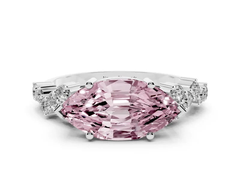 Fancy Pink Marquise Cut Diamond Ring Set in Silver with Scattered Round Accents