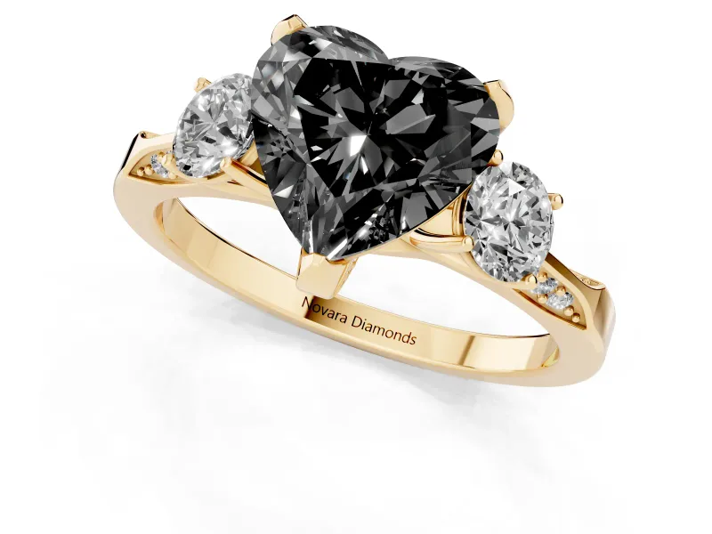 Heart-Shaped Hidden Halo Three Stone Engagement Ring Setting for a Black Center | Yellow Gold
