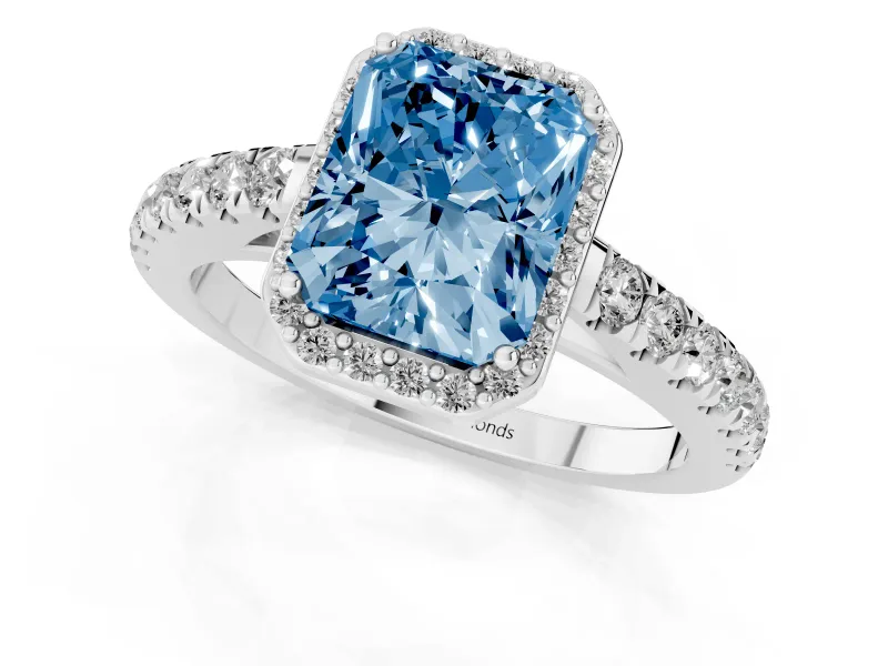 Fancy Blue Radiant Cut Diamond Halo Engagement Ring Set in Platinum with Pavé Band and Prong Setting