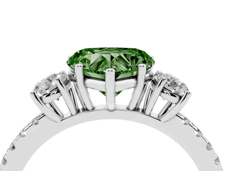 Fancy Green Heart Cut Diamond Three-Stone Ring Set in Platinum with Pavé Band and Graduated Sides