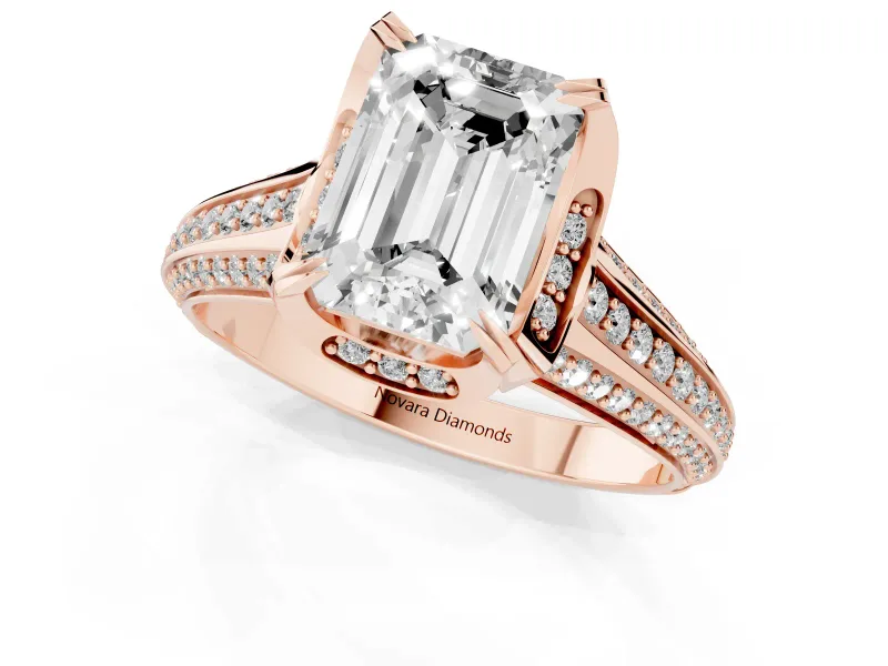 Emerald Cut Hidden Halo Engagement Ring Setting | Triple Row Pavé Band | Rose Gold