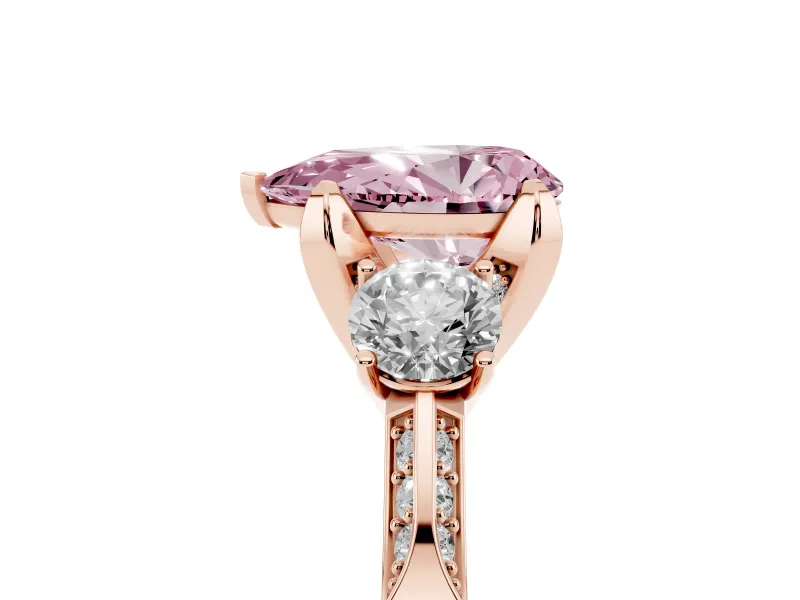 Pear-Shaped Hidden Halo Three Stone Engagement Ring Setting for a Fancy Pink Lab-Grown Diamond | Rose Gold