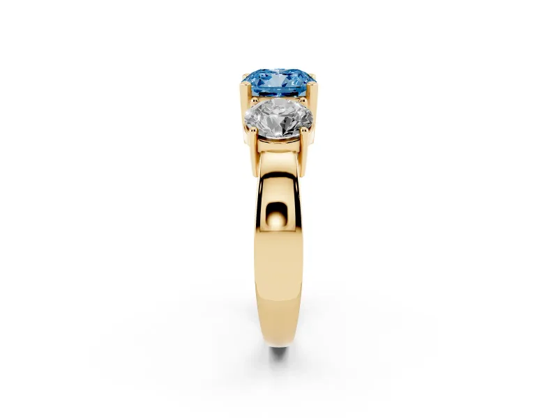 Cushion Cut Three Stone Engagement Ring Setting for a Fancy Blue Lab-Grown Diamond | Wide Plain Band | Yellow Gold
