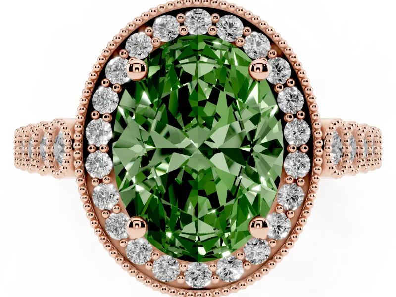 Oval Graduated Milgrain Halo Engagement Ring Setting for a Fancy Green Lab-Grown Diamond | Rose Gold