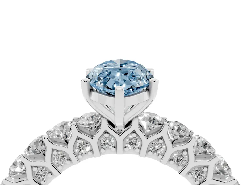 Fancy Blue Marquise Cut Diamond Solitaire Ring Set in Platinum with Shared Prong Pavé Band