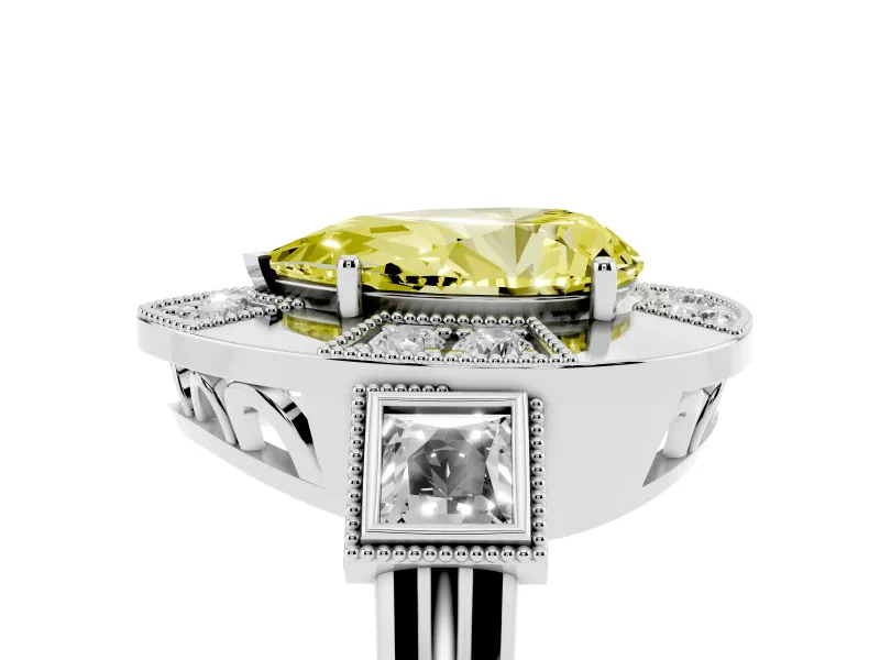 Fancy Yellow Pear Cut Diamond Milgrain Halo Ring Set in White gold with Split Shank