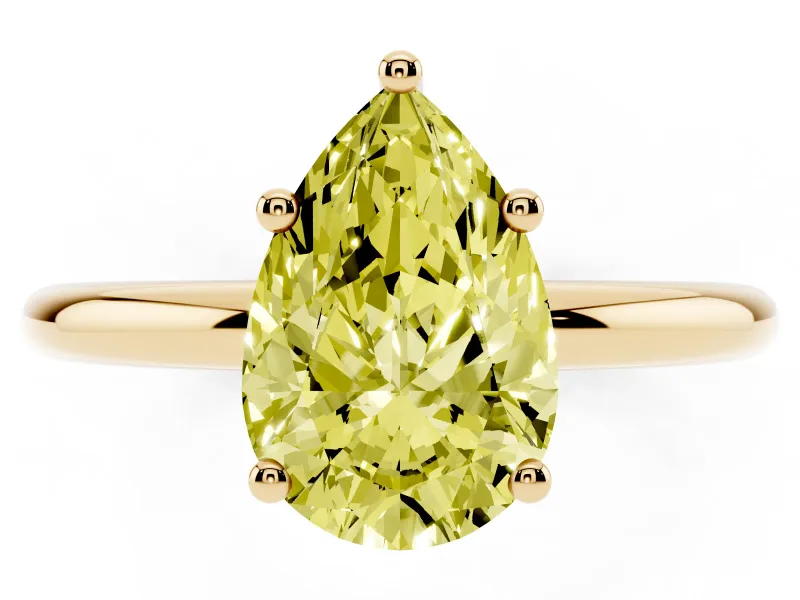 Fancy Yellow Pear Cut Diamond Solitaire Engagement Ring Set in Yellow gold with Prong Setting and Polished Band
