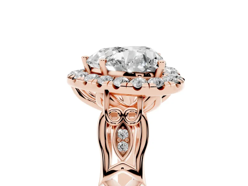 Heart Cut Diamond Halo Engagement Ring Set in Rose gold with Filigree Band and Prong-Set Center