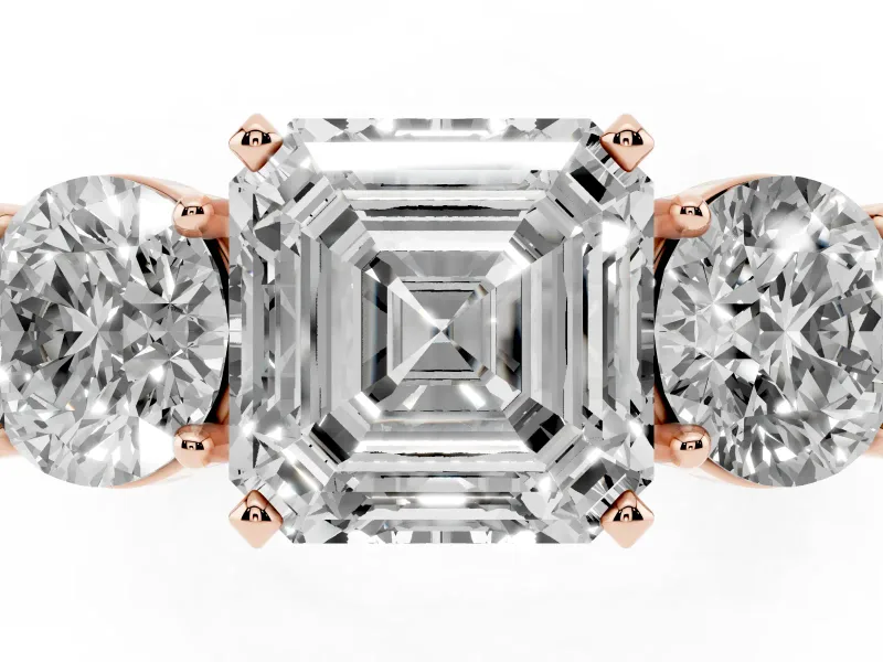 Asscher Cut Three Stone Engagement Ring Setting | Wide Plain Band | Rose Gold